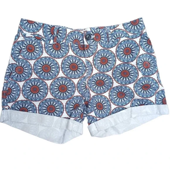 Banana Republic Women Sz 0 White Blue Coral Shorts Boho Mandala Cuff Denim - Picture 1 of 5